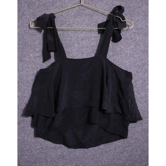 Morgan Carper Shirt Women Small Black Silk Tie Strap Crop Flowy Tank Top EUC - Picture 2 of 4